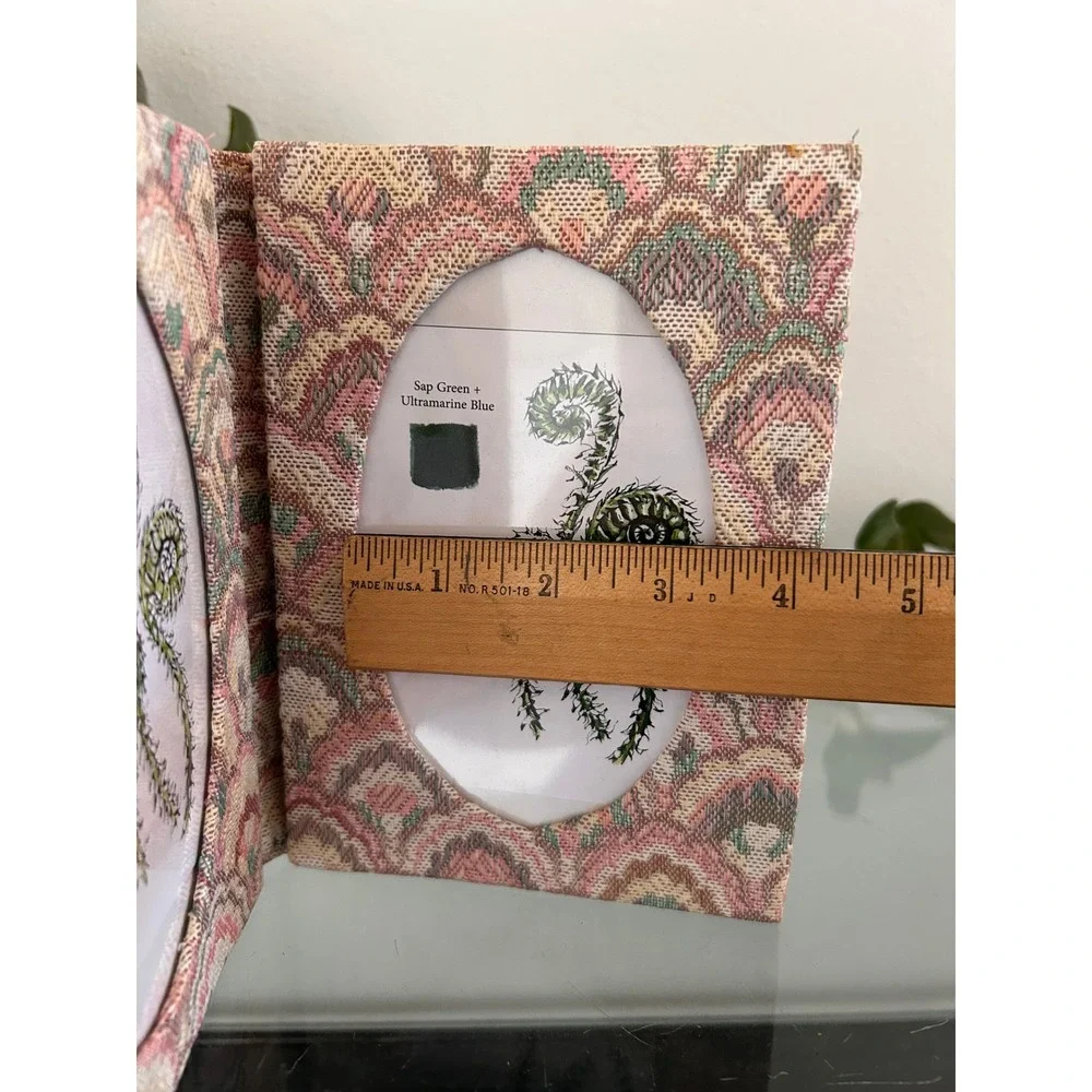 Vintage Tapestry Double Folding Photo Frame Pink Green Woven Fabric 5x7 Oval